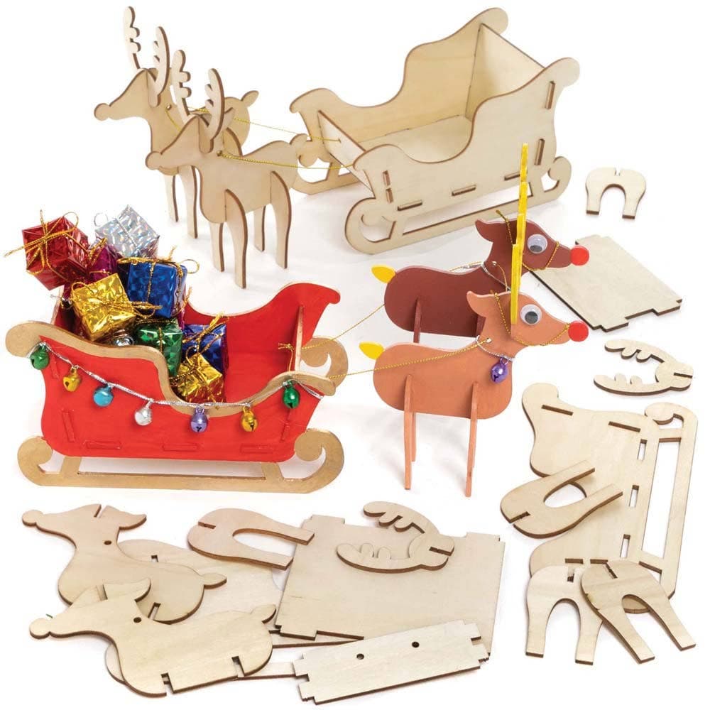 Reindeer & Sleigh 3D Woodcraft Kits (Pack of 2) Christmas Crafts For Kids, Decorate Your Own