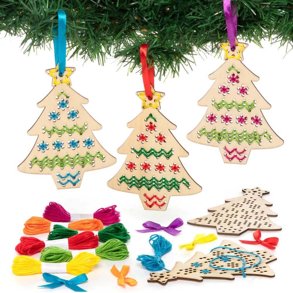 Christmas Tree Wooden Cross Stitch Decoration Kits (Pack of 5) 7 Assorted Thread Colours, Plastic Needle Included
