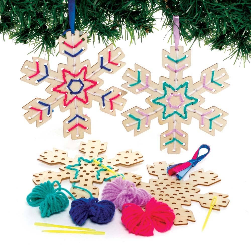 Snowflake Wooden Threading Decoration Kits (Pack of 5) Christmas Crafts 5 wool colours - Blue, Light Blue, Pink, Purple & Teal