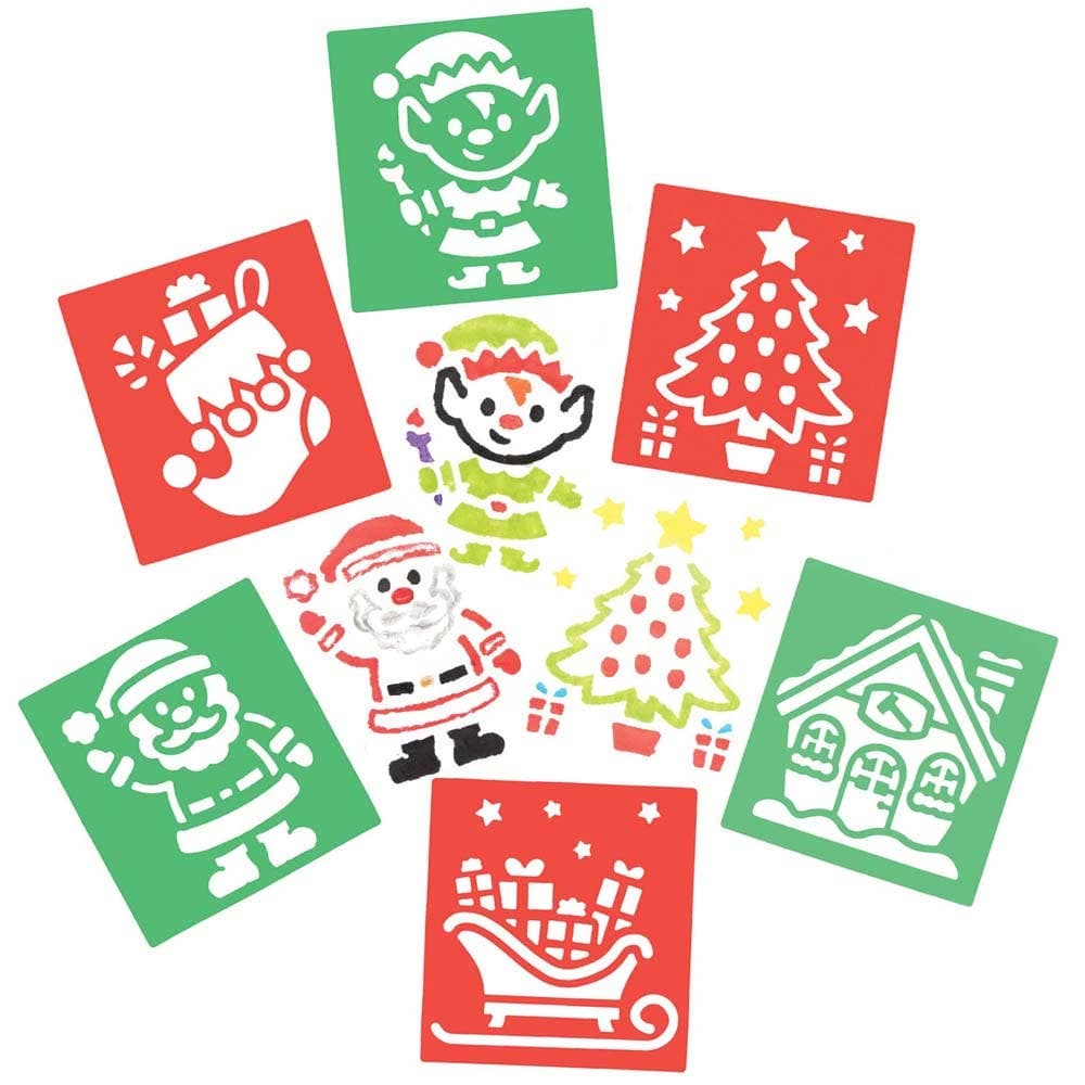 Santa's Workshop Stencils (Pack of 8) Christmas Craft Supplies 2 stencil colours - Red & Green