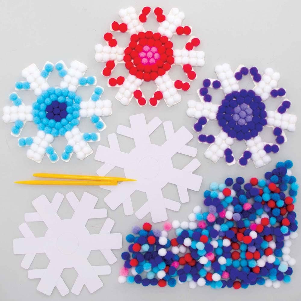 Snowflake Pom Pom Art Kits (Pack of 3) Christmas Crafts 9 pom pom colours - Light Blue, Dark Blue, Purple, Blue, Dark Pink, White, Ice Blue, Light Purple & Light Pink