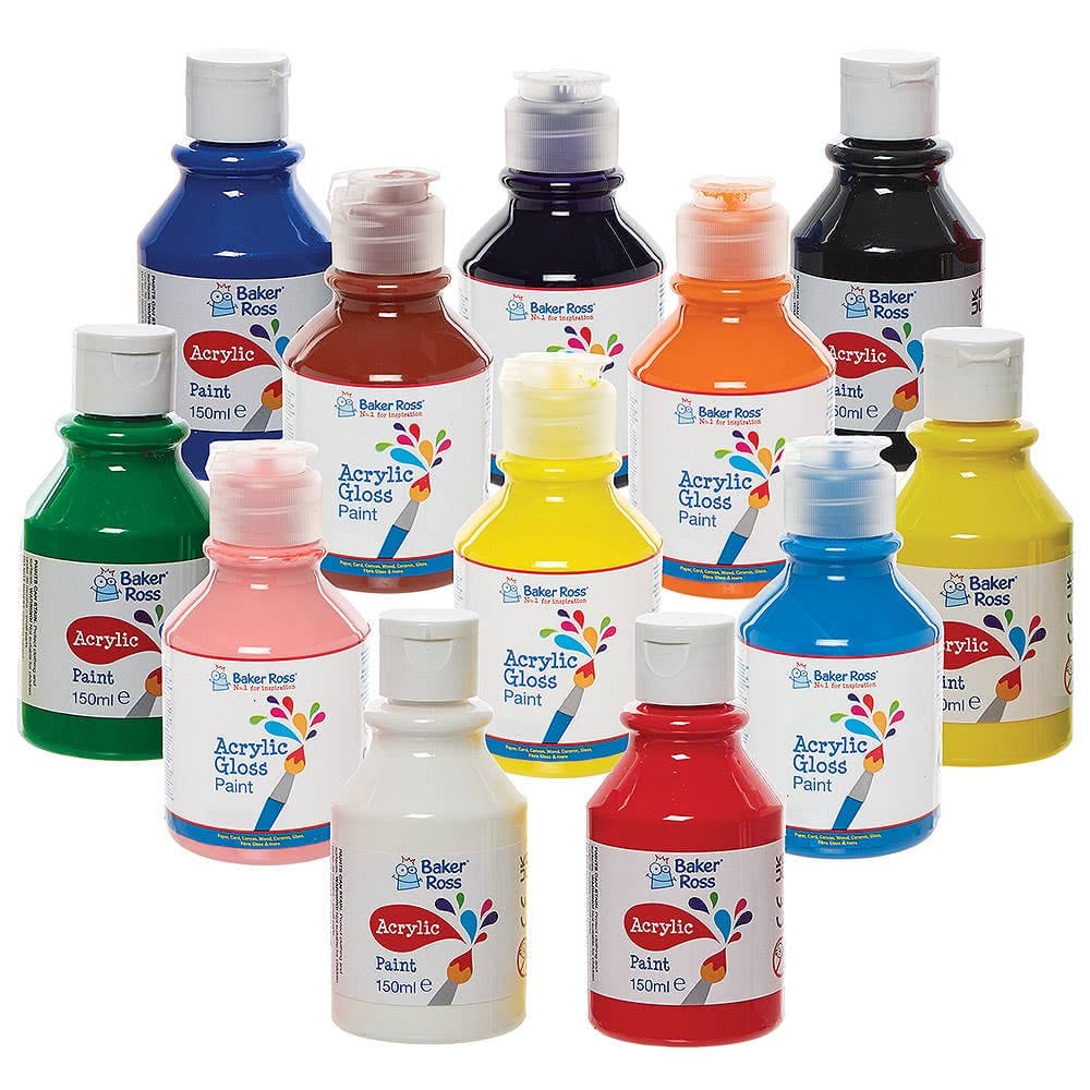 Acrylic Paints Bumper Pack 150ml (Pack of 12) Art Supplies, Art Materials 12 colours - Red, Yellow, Royal Blue, Green, White, Black, Orange, Purple, Lemon, Pink, Light Blue & Brown