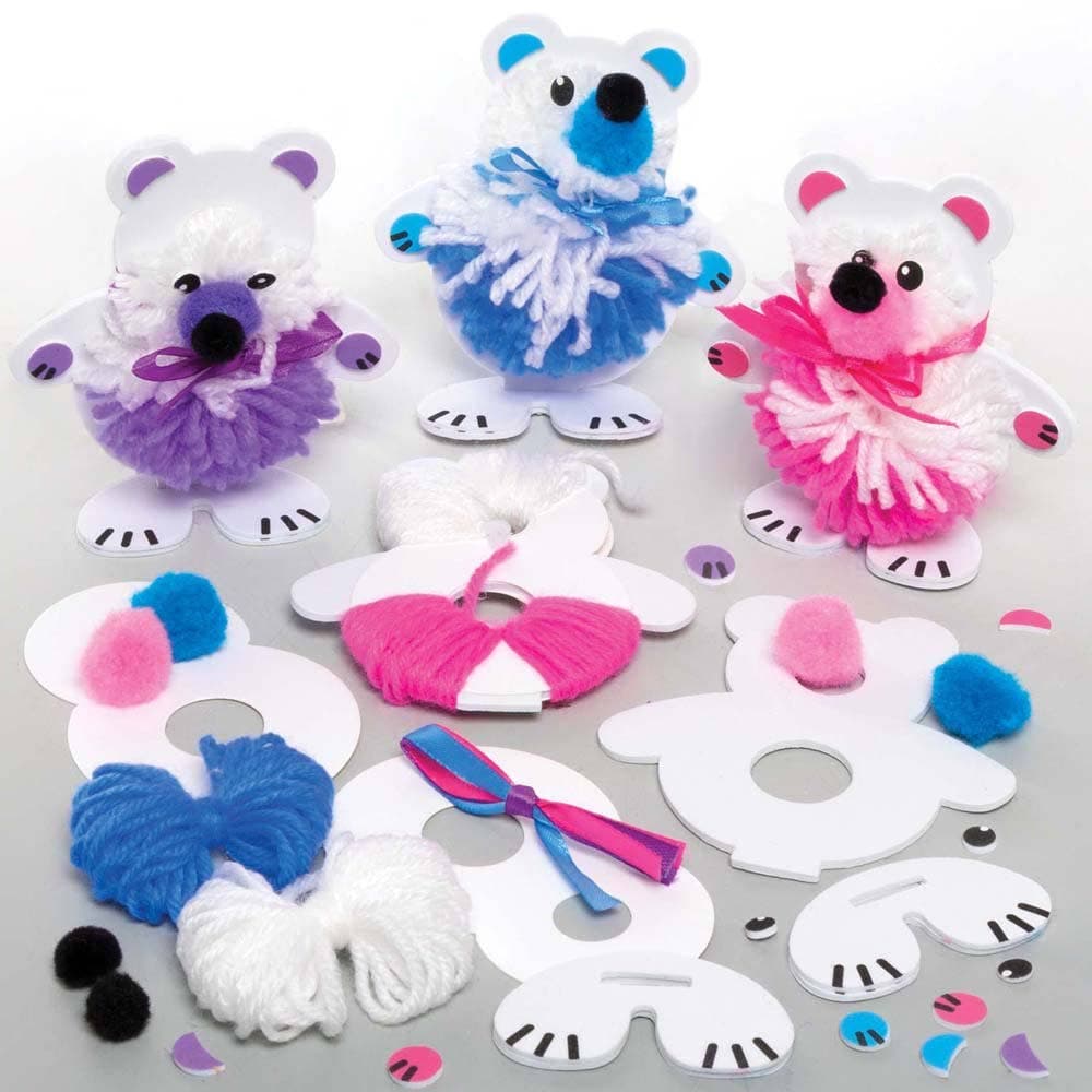 Snow Bear Pom Pom Kits (Pack of 3) Christmas Crafts 3 colours - Pink, Blue & Purple