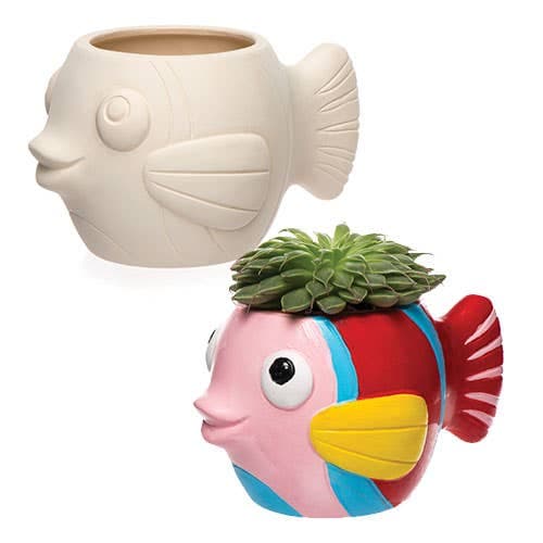 Fish Ceramic Flowerpots (Box of 2) Nature Craft Kits, Decorate & Personalise, 13.5cm x 7.5cm