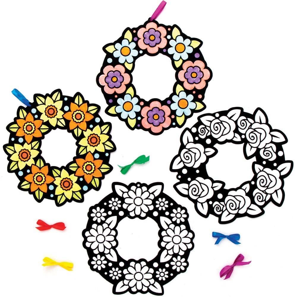 Flower Colour-in Fuzzy Art Wreaths (Pack of 10) Decoration Craft Kits 5 assorted ribbon colours - Pink, Green, Purple, Yellow & Blue