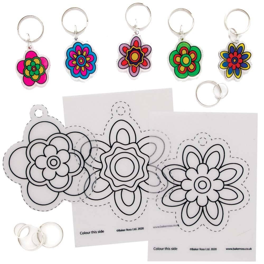 Flower Super Shrink Keyrings (Pack of 8) Shrinks 7x Smaller, Split Rings & Pre-Printed Sheets Included