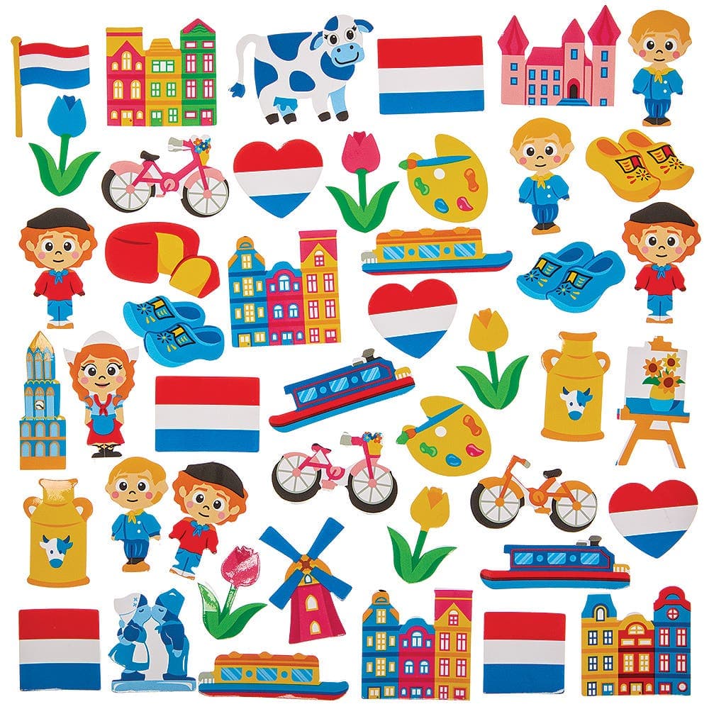 Netherlands Foam Stickers (Pack of 150) 30 Assorted Dutch-Themed Designs, Sizes 25mm-50mm, Educational Crafts