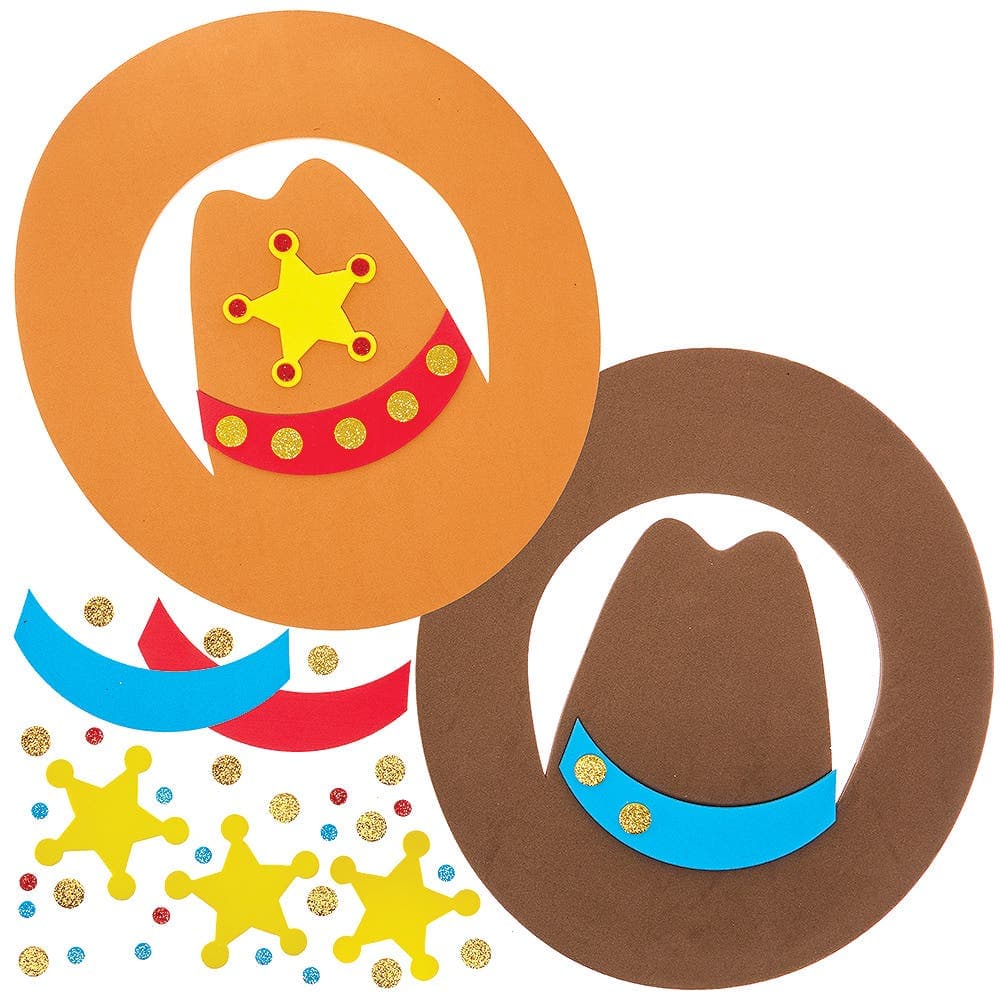 Cowboy Hat Kits (Pack of 4) Foam Crafts, 2 Assorted Designs, No Glue Required, 29cm Wide