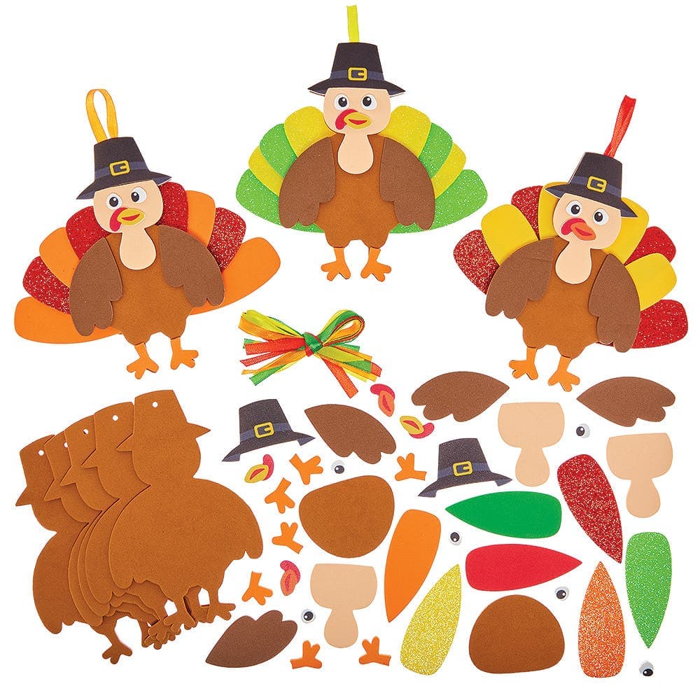 Thanksgiving Turkey Mix & Match Decoration Kits (Pack of 8) Foam & Ribbon, 8 Assorted Designs, Educational Crafts