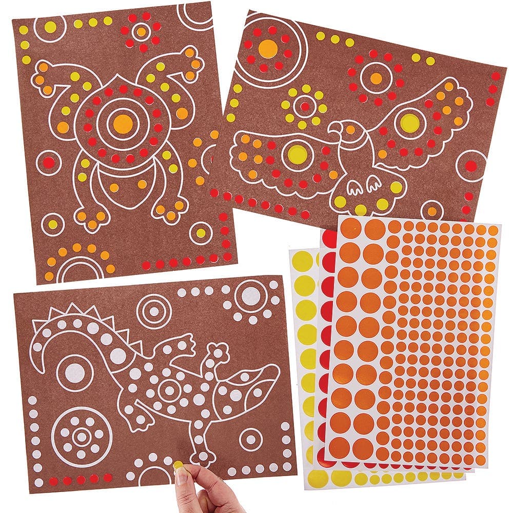 Indigenous Australian Dotty Art Pictures (Pack of 10) 3 Sticker Colours, 10 Indigenous Designs, 12 Sticker Sheets Included
