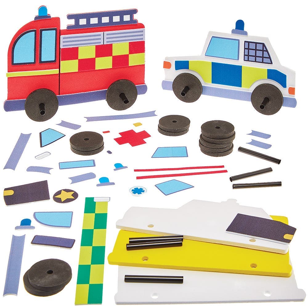 Emergency Vehicles Push Along Kits (Pack of 5) Educational Crafts, 5 Assorted Designs, No Glue Required, Approx 16cm Long