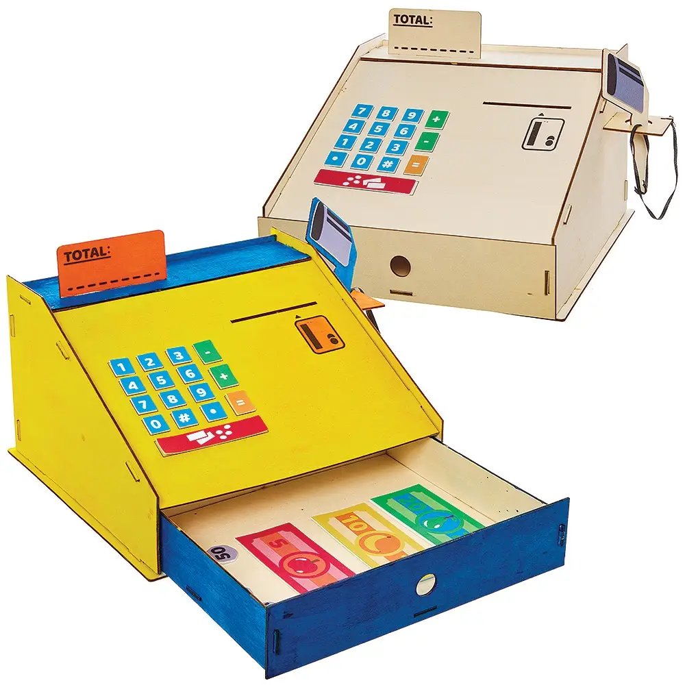 Role Play Shop Cash Register Woodcraft Kit (Each) Size 30cm x 19.5cm x 25cm, Foam Currency Included