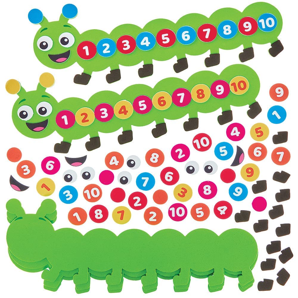 Counting Caterpillar Kits (Pack of 5) Educational Crafts, Foam, 5 Assorted Designs, 34cm, Self-Adhesive Decorations Included