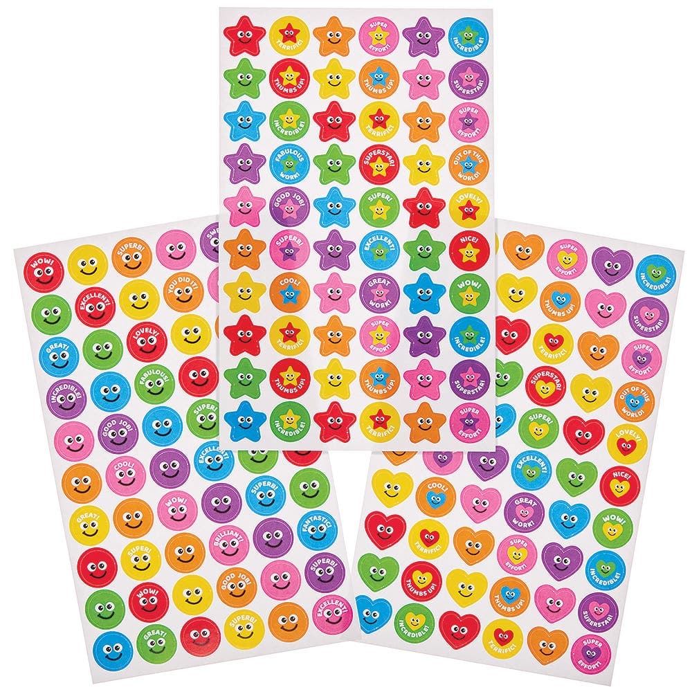 Motivational Reward Stickers (Pack of 720) 3 Assorted Shapes, Various Phrases - "Excellent", "Keep Going" & More