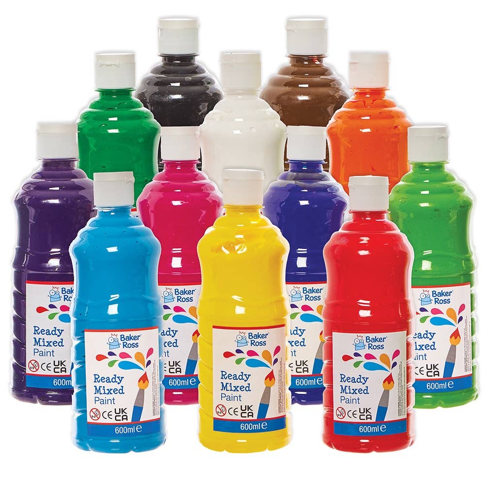 Ready Mixed Poster Paints Bumper Pack 600ml (Box of 12) Water-Based Paints, 12 Assorted Colours, Squeezy Bottles