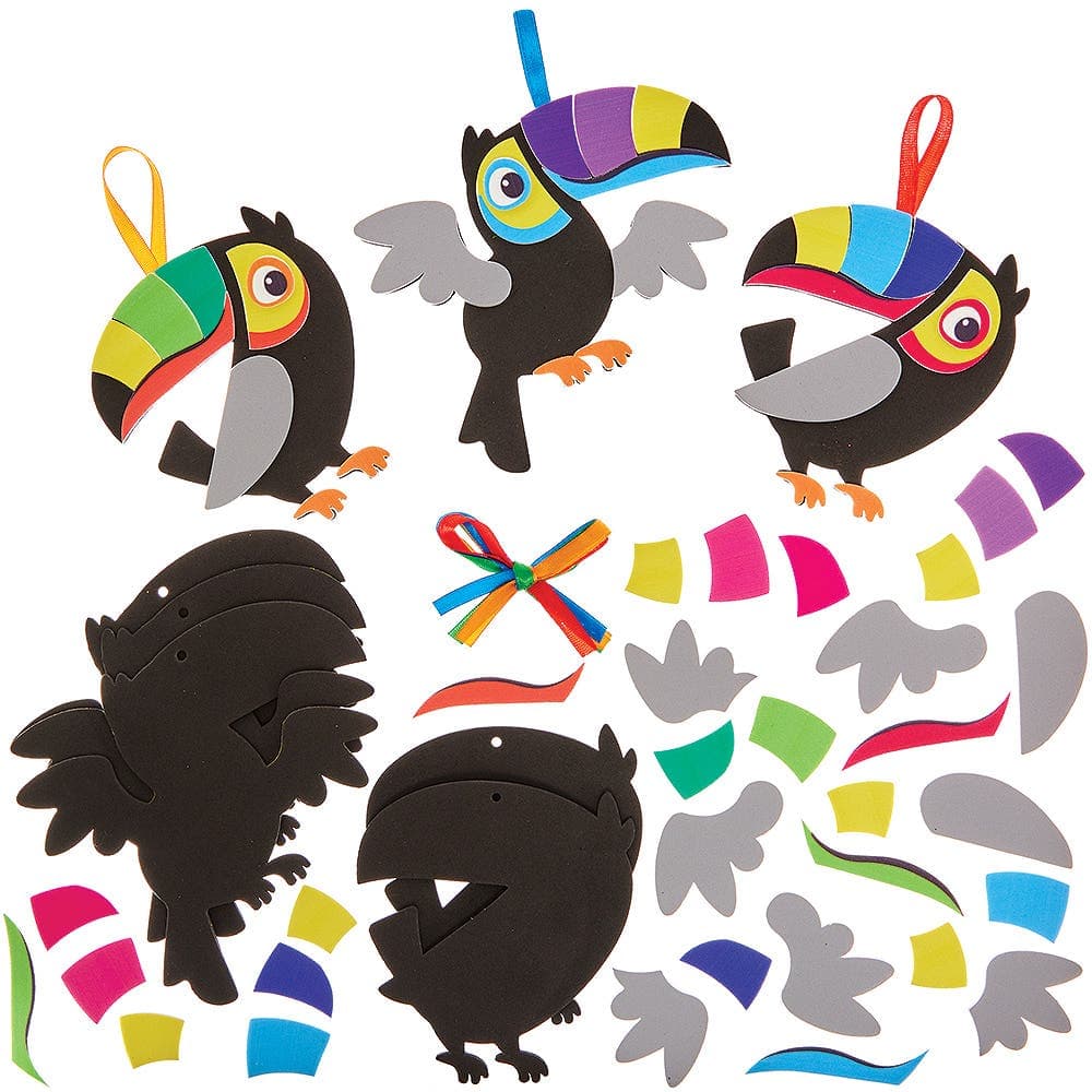 Toucan Mix & Match Decoration Kits (Pack of 8) Foam, 11-13cm, Hanging Ribbon Included, No Glue Required