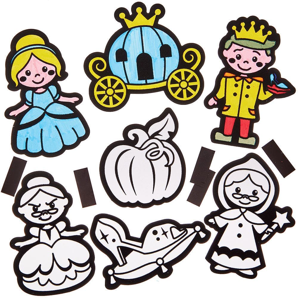 Cinderella Fuzzy Art Colour-in Magnets (Pack of 15) Self-Adhesive Magnet Strips Included, Sizes 9cm - 13.5cm