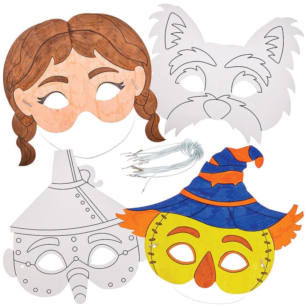 Wizard of Oz Colour-in Masks (Pack of 8) Dorothy, Toto, Lion, Tin Man, Scarecrow & More, 20cm-27cm Wide