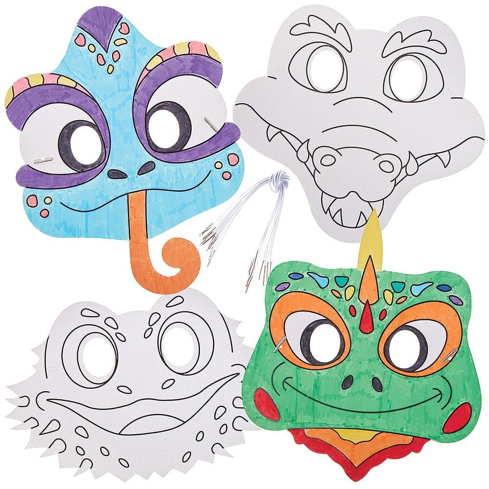 Reptile Colour-in Masks (Pack of 8) 8 Reptile Designs Including Snake, Crocodile & Lizard, Sizes 19cm-27cm