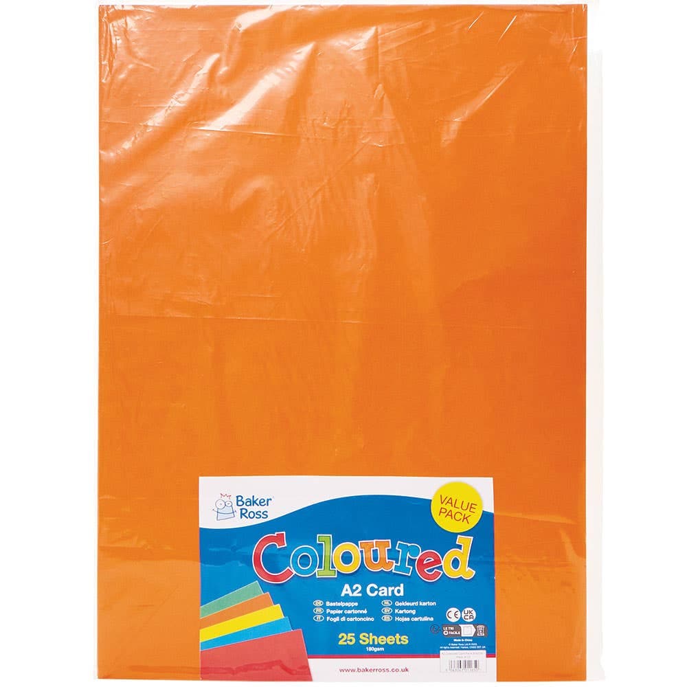 Coloured A2 Card 210gsm (Pack of 25) 5 Assorted Colours - Red, Blue, Green, Yellow & Orange