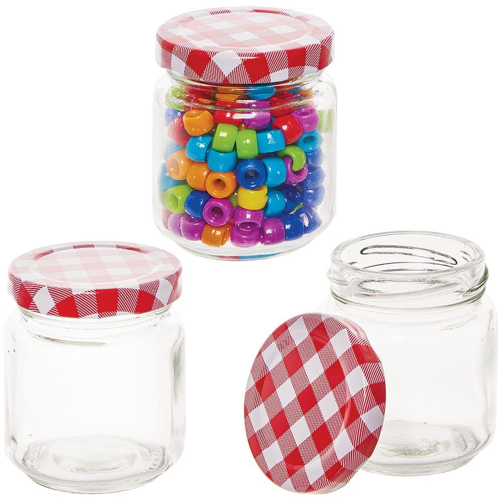 Glass Storage Jars (Pack of 6) Size 7.5cm High, Storage Solution, Red Gingham Patterned Screw Lid
