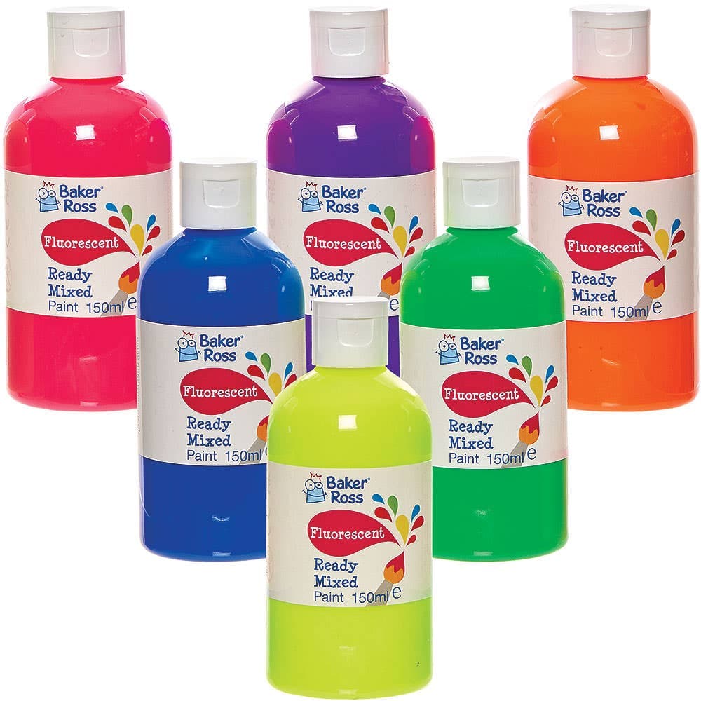 Fluorescent Ready Mixed Poster Paint (Box of 6) 150ml Per Bottle, 6 Assorted Colours, Easy Squeeze Bottles