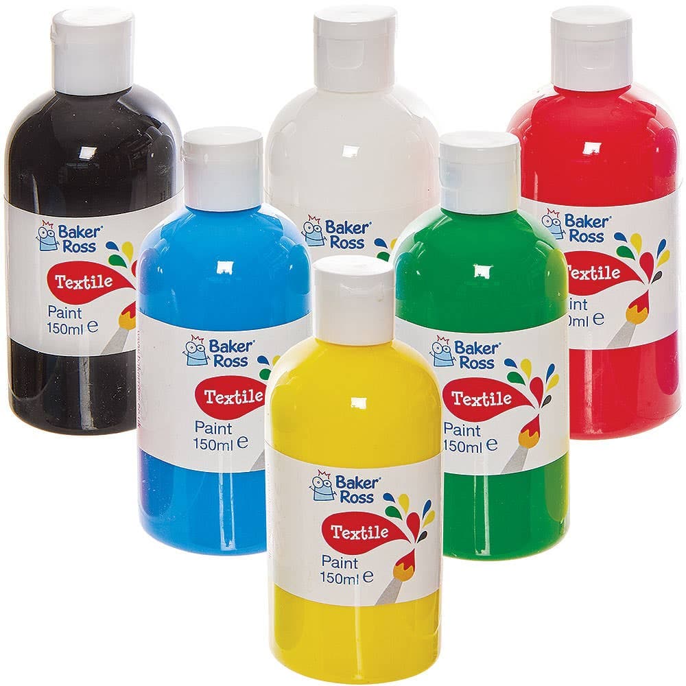 Textile Paint Pack 150ml (Box of 6) 6 assorted colours - Red, Blue, Green, Yellow, White & Black