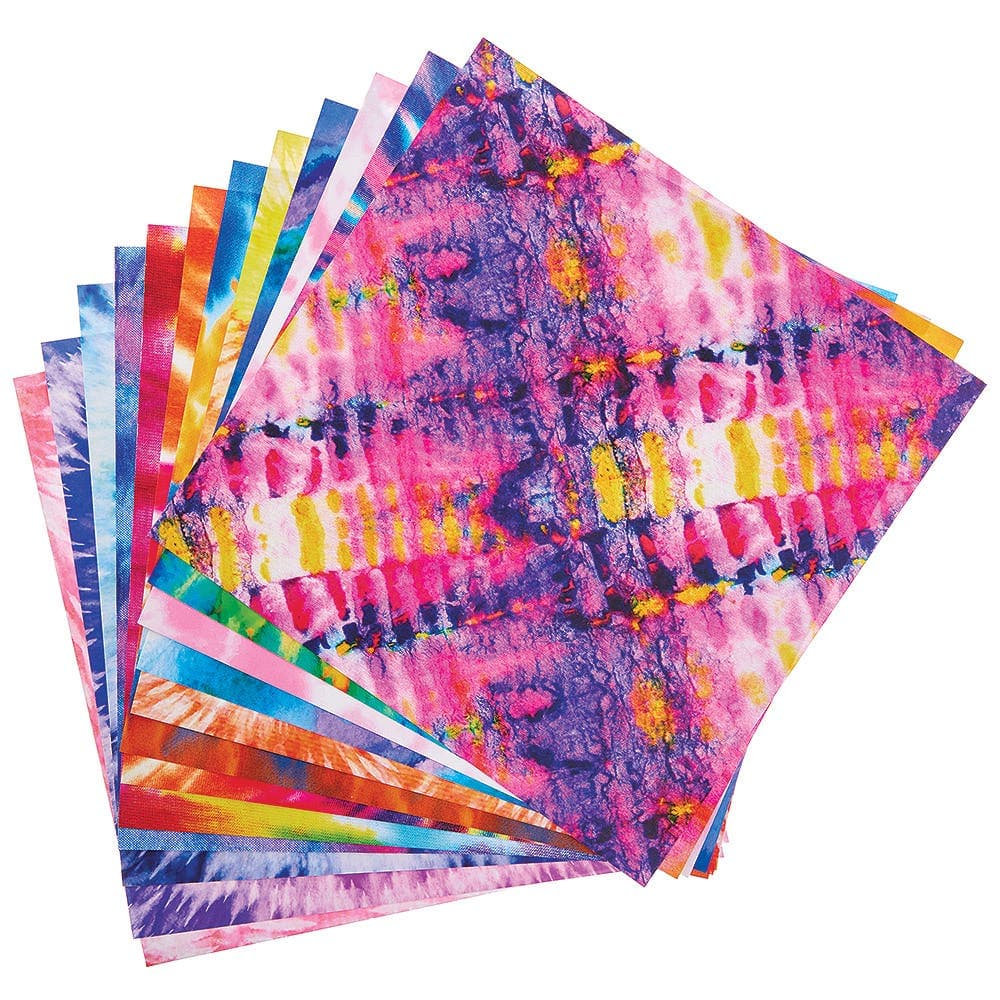 Tie Dye Printed Paper 120gsm (Pack of 48) 12 Assorted Tie Dye Designs, 203mm x 203mm, Paper Crafts