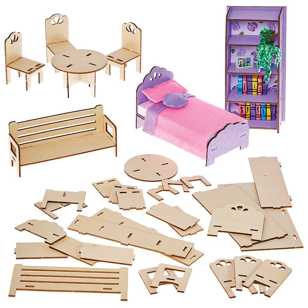 DIY Doll House Furniture Woodcraft Kits (Set of 7) 5 Designs - Chairs x3, Table, Bed, Bookcase & Bench