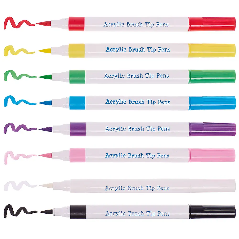 Acrylic Porcelain & Deco Brush Tip Pens (Pack of 8) Long Brush Fibre Tips, Water-Based Acrylic Paint, 8 Assorted Colours