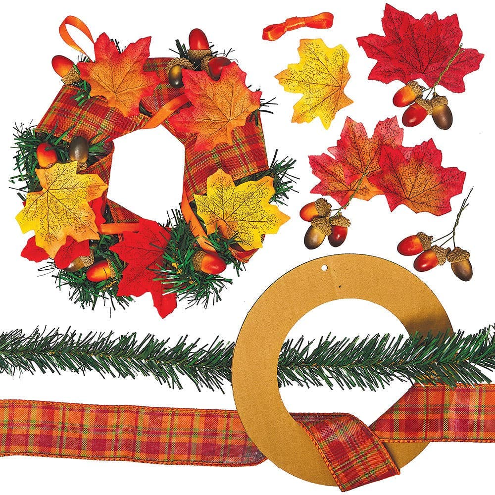 Autumn Wreath Making Kit (Each) All-In-One Crafts, 2 Ribbon Colours - Orange & Tartan, Wreath size 20cm