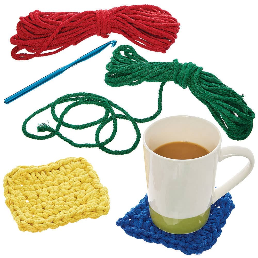 Crochet Coaster Kits (Pack of 4) 4 assorted wool colours - Green, Red, Yellow & Blue