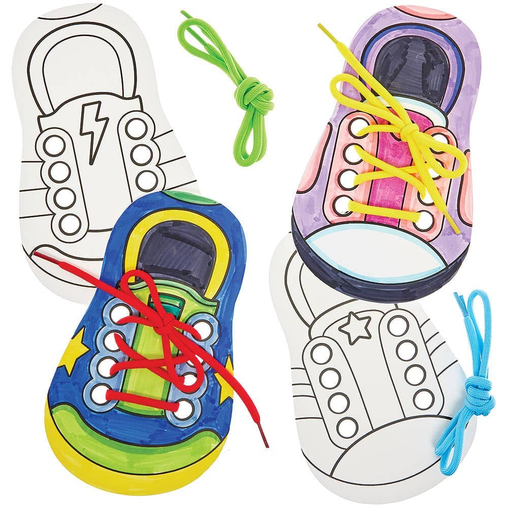 Learn To Tie Shoelaces Colour-in Kits (Pack of 8) 4 shoelace colours - Red, Yellow, Blue & Green