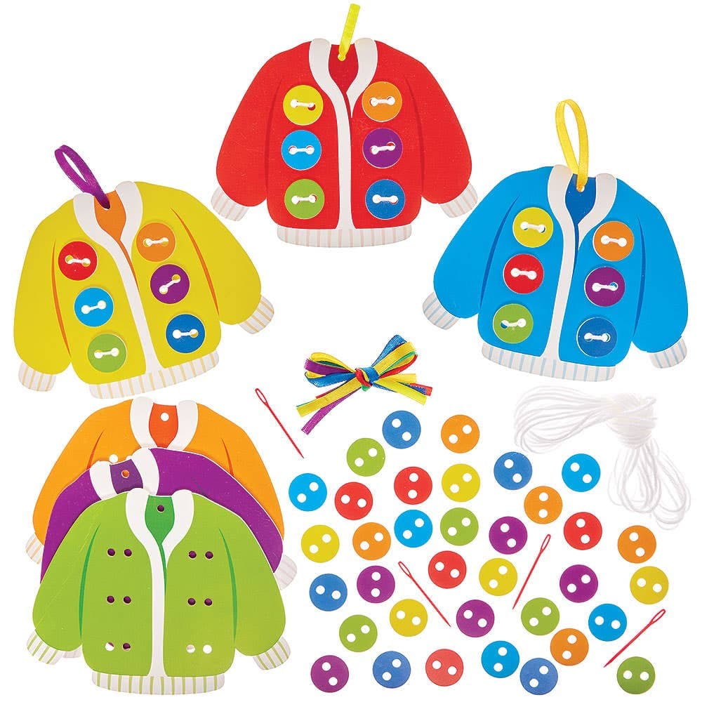 Cardigan Button Threading & Lacing Decoration Kits (Pack of 6) 6 assorted cardigan colours - Red, Blue, Green, Yellow, Purple & Orange