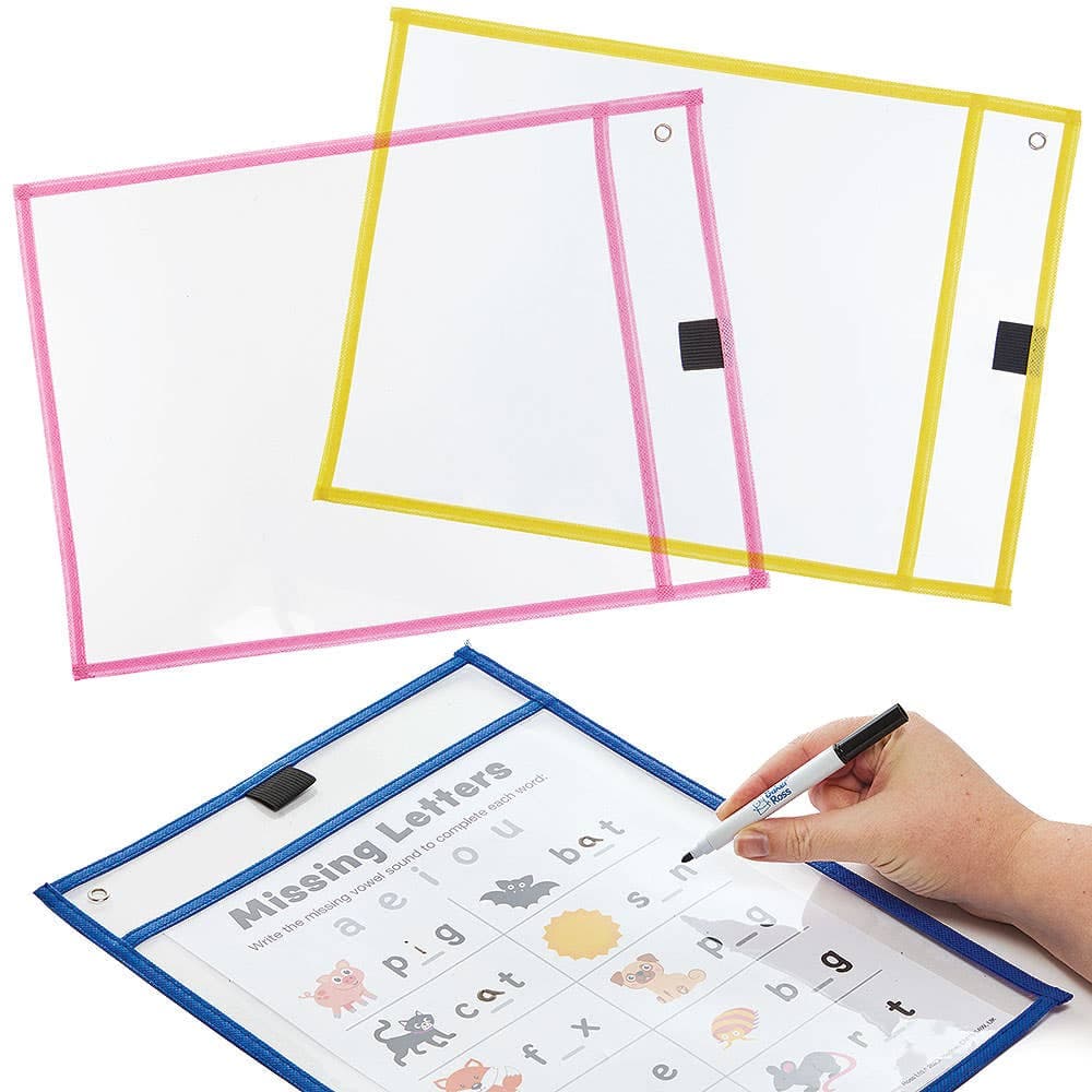 Reusable Dry Erase A4 Pockets (Pack of 6) 6 assorted colours - Red, Yellow, Blue, Green, Pink & Orange