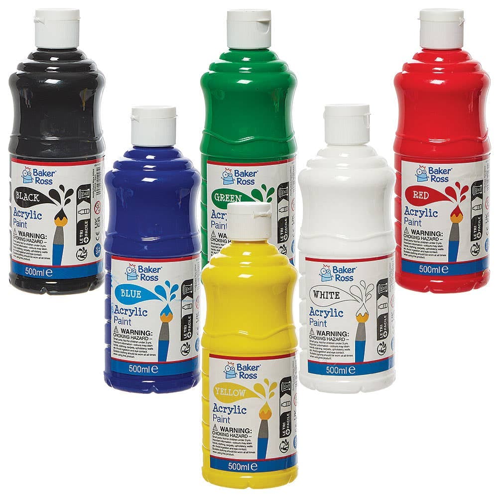 Acrylic Paints Classpack 500ml (Pack of 6) 6 assorted colours - Red, Blue, Yellow, Green, White & Black