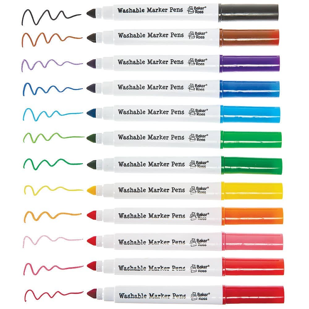 Washable Colour Marker Pens (Pack of 12) 12 assorted colours - Red, Light Blue, Light Green, Yellow, Orange, Purple, Brown, Black, Dark Green, Dark Blue, Dark Purple & Pink