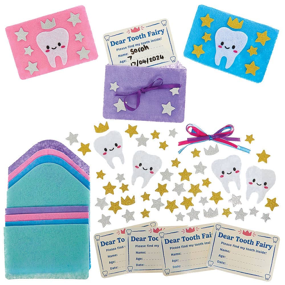 Tooth Fairy Note & Pouch Kits (Pack of 4) 4 assorted colours - Pink, Purple, Blue & Aqua