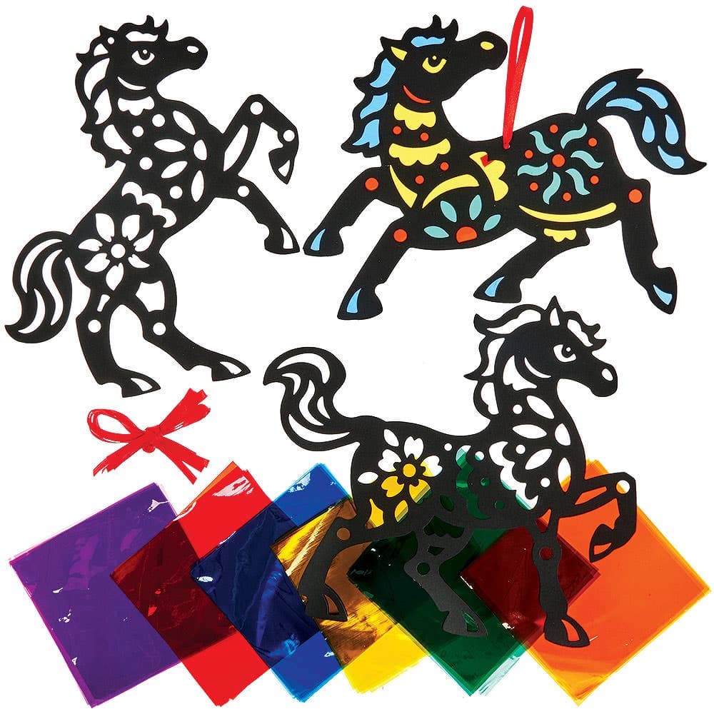 Year of the Horse Stained Glass Decoration Kits (Pack of 6) 6 assorted cellophane colours - Red, Purple, Yellow, Green, Blue & Orange