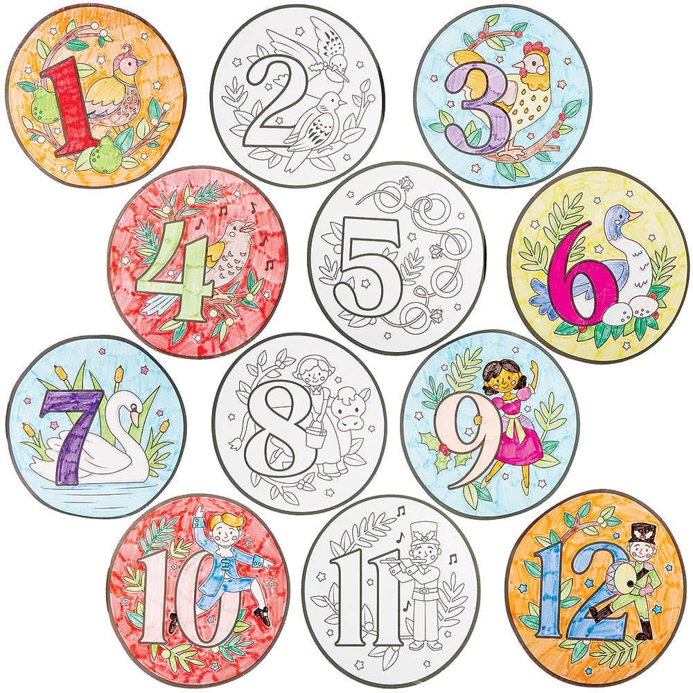 12 Days of Christmas Colour-in Window Decorations (Pack of 12)