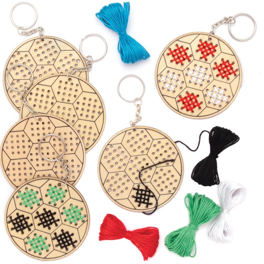 Football Wooden Cross Stitch Keyring Kits (Pack of 5) Sewing & Weaving Craft Kits 5 assorted thread colours - Black, White, Red, Blue & Green