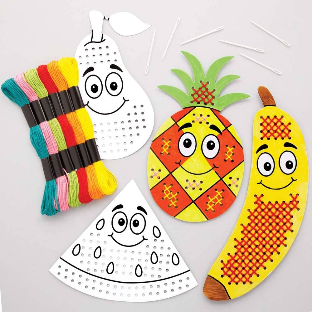 Fruit Colour-in Cross Stitch Kits (Pack of 6) Sewing & Weaving Craft Kits 6 thread colours - Yellow, Orange, Red, Green, Pink & Dark Green