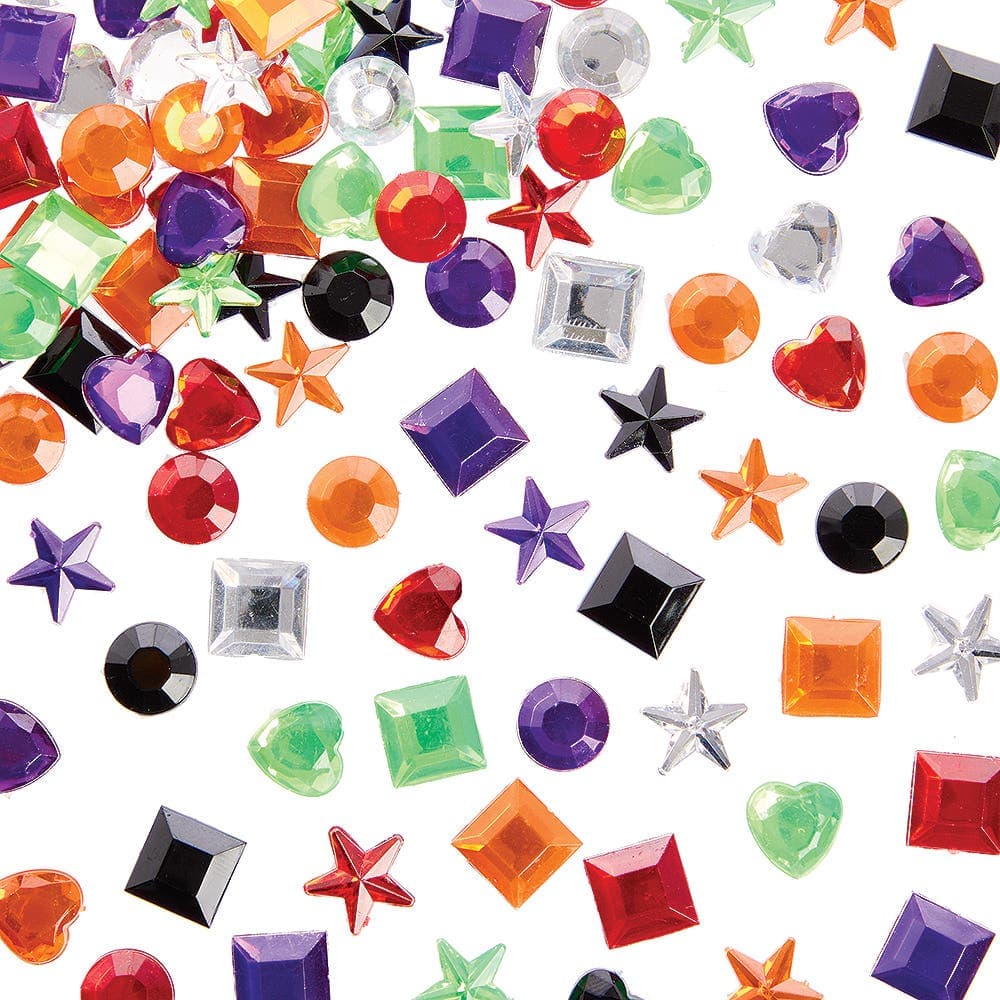 Halloween Colours Self-Adhesive Acrylic Jewels (Pack of 200) 6 Assorted Colours, Stars, Squares, Circles & Hearts