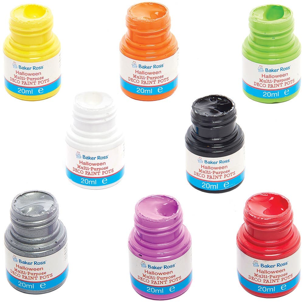 Halloween Multi-Purpose Deco Acrylic Paint Pot Pack 20ml (Box of 8) Halloween Craft Supplies 8 assorted Halloween colours - Orange, Green, Purple, Red, Black, Yellow, White, & Silver