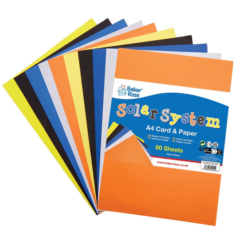 Solar System A4 Card & Paper Value Pack (Pack of 80) Paper & Card 5 assorted colours - Black, Navy, Orange, Yellow & Metallic Silver