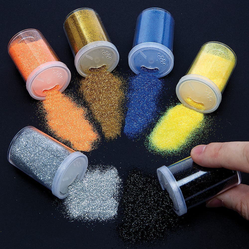 Solar System Glitter Shakers (Pack of 6) Craft Embellishments 6 assorted solar system colours - Silver, Black, Navy, Orange, Yellow & Gold
