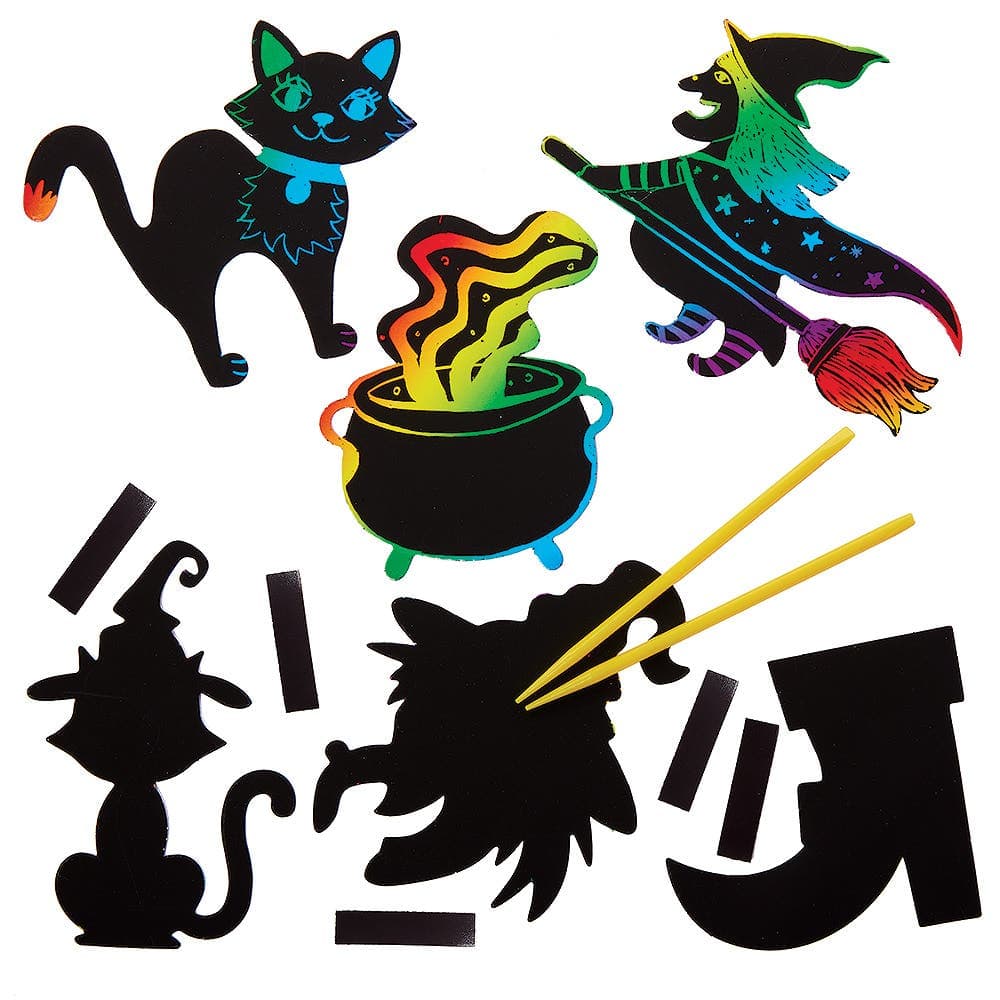 Witch Scratch Art Magnets (Pack of 12) Rainbow, Great For Kids, Range Of Designs, Tools Included