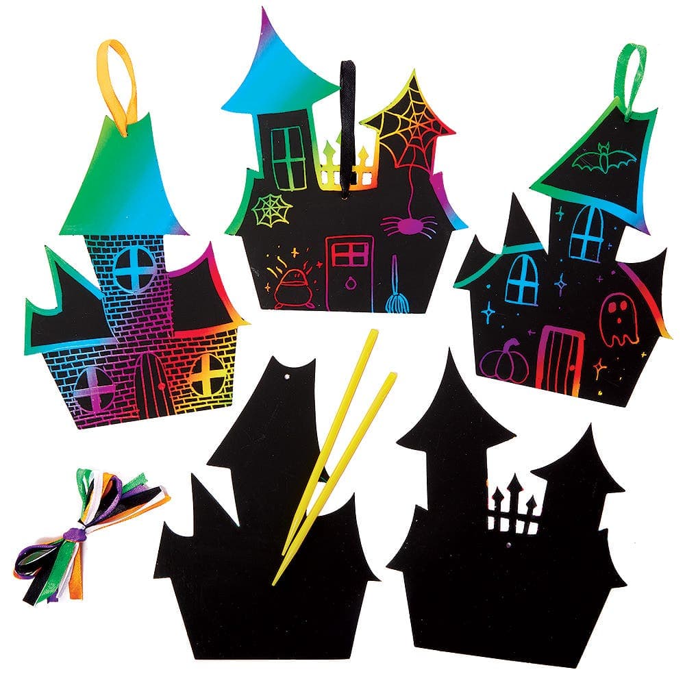 Haunted House Scratch Art Decorations (Pack of 10) Halloween Crafts 5 ribbon colours - Orange, Purple, Green, White & Black