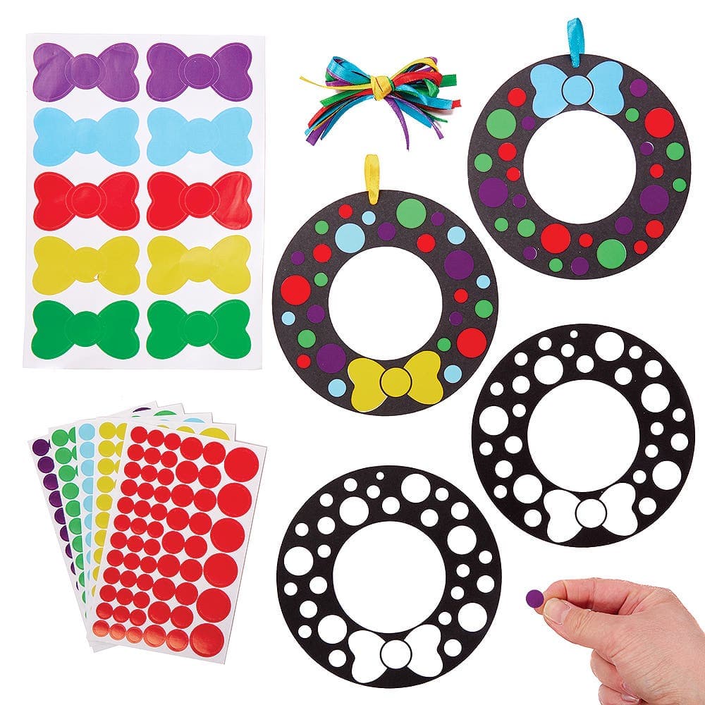 Christmas Wreath Dotty Art Decorations (Pack of 10) Christmas Crafts 5 assorted sticker colours - Yellow, Green, Red, Blue & Purple