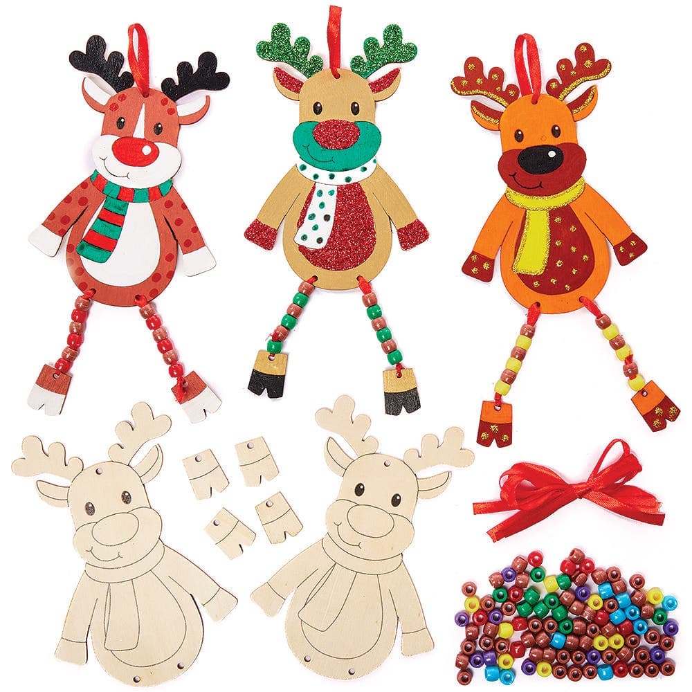 Reindeer Dangly Leg Wooden Decoration Kits (Pack of 5) Christmas Crafts 6 assorted bead colours - Red, Brown, Yellow, Blue, Purple & Green